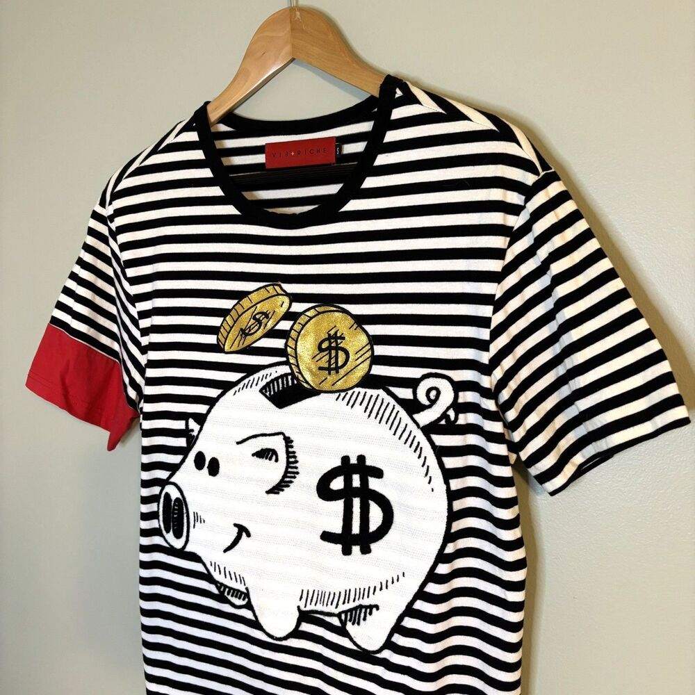 Vie + Riche Men's Piggy Bank Embroidered Striped Shirt Graphic Streetwear Urban
